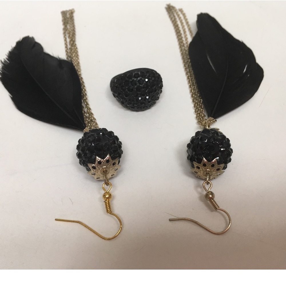 Black Sequin/Feather Earrings & Ring